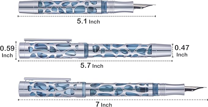 Asvine V169 Vacuum Filling Fountain Pen Fine Nib, Water Drop Skeleton Gold Trim Transparent Gray Blue Acrylic Pen Case Set