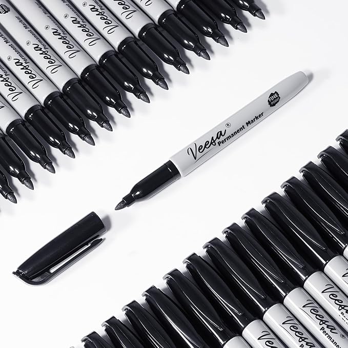 VEESA Black Permanent Markers Fine Tip, 75 Count, Quick Drying | Water- & Fade-Resistant, Marks on Wood Plastic Paper Metal