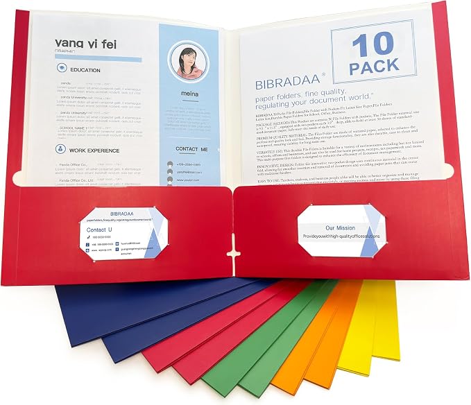BIBRADAA® 10 Packs Folders with Pockets,Paper Folder Surface with Waterproofing,Letter Size,Holds 100 Plus Sheets,for School,Office,Business. (10, Multicolor Mixing)