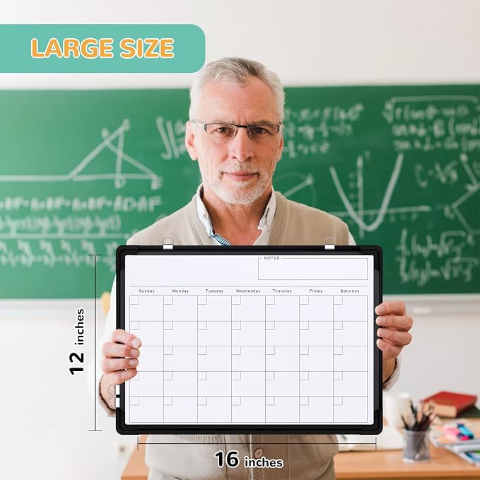Monthly Calendar Whiteboard for Wall, 16x12 Inches Dry Erase Board, Small Magnetic White Board, Double-Sided Hanging Board for Office School Home Kitchen, Portable Board for Drawing Planning, Black