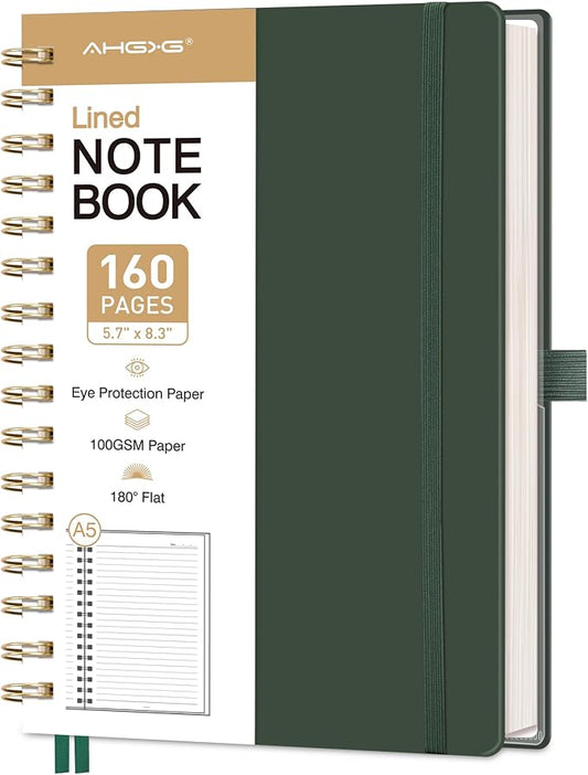 AHGXG Spiral Journal Notebook, 160 Lined Pages, A5 Size (5.7'' x 8.3'') | for Men & Women, Journaling, Writing, Work & Office, Hardcover, 100 GSM Thick Paper (Dark green)