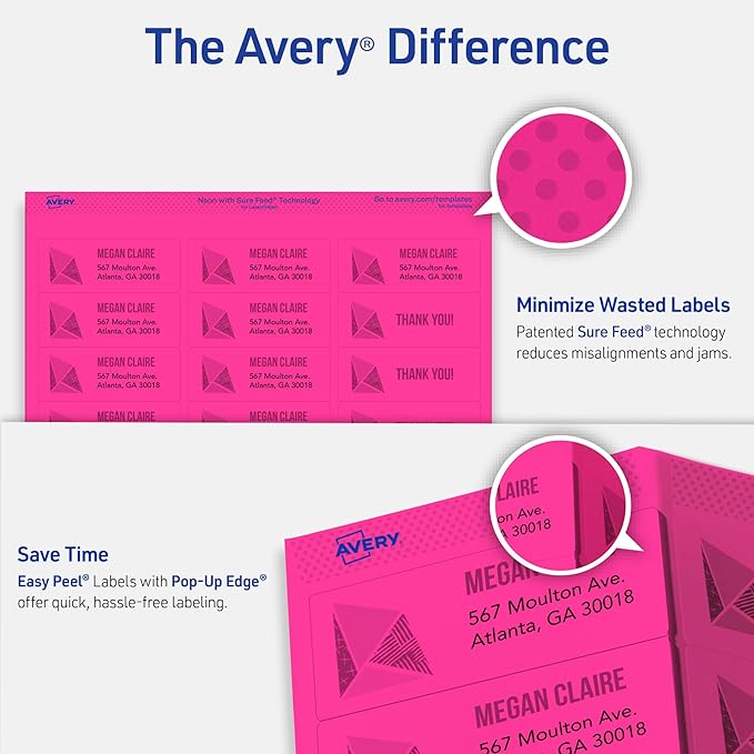 Avery Printable Address Labels with Sure Feed, 1" x 2-5/8", Neon Magenta, Laser & Inkjet Compatible, 750 Blank Labels Total, Great for Branding, Mailing, Organizing, and More (5970)