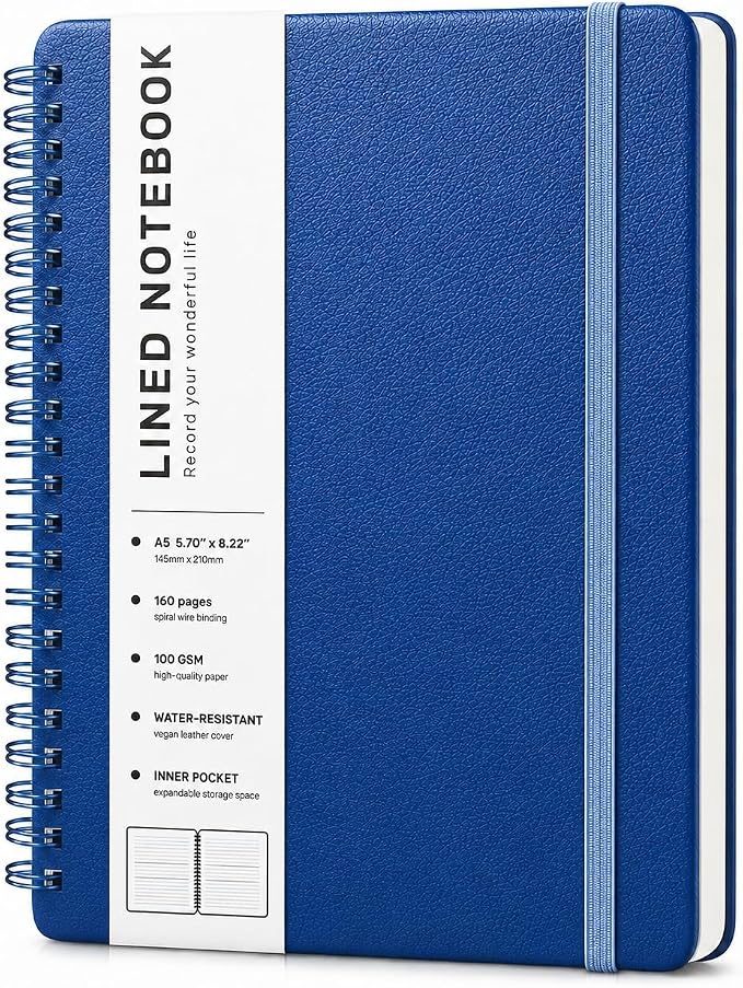 ABERLLS Lined Spiral Journal Notebook with 160 Pages, 8×5.7in, A5 Spiral Notebook, Journaling Notebooks for Work, School, Women, Men, College Ruled Spiral Notebook, Hardcover Leather Journals, Blue