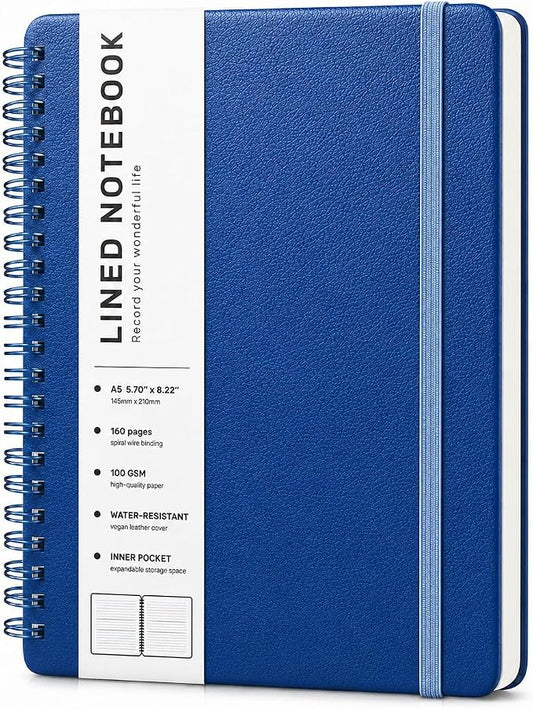 ABERLLS Lined Spiral Journal Notebook with 160 Pages, 8×5.7in, A5 Spiral Notebook, Journaling Notebooks for Work, School, Women, Men, College Ruled Spiral Notebook, Hardcover Leather Journals, Blue