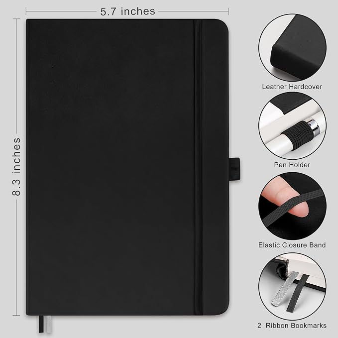 RETTACY Graph Grid Paper Notebook, 192 Pages, A5 Size (5.7'' x 8.3'') | 5 Squares per Inch, Leather Hardcover, 100 GSM Thick Paper, for School, Students, Math, Engineering (Black)