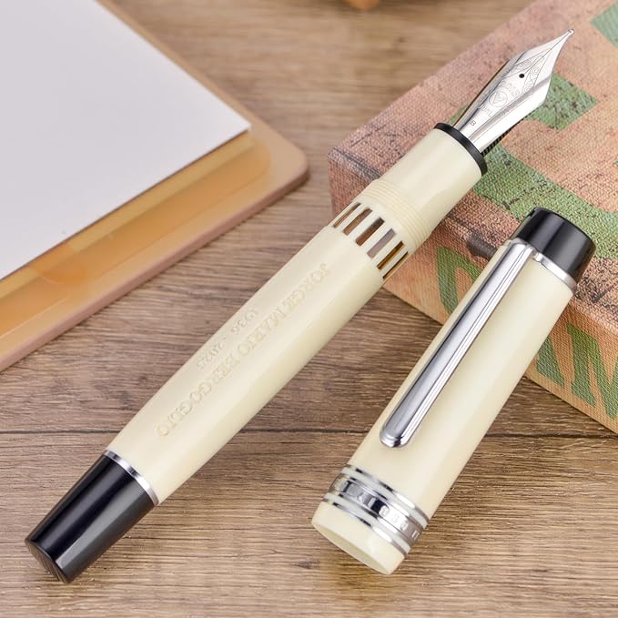 Wikult Yongsheng Junlai 930 Piston Fountain Pen, Ivory White Size 9 Iridiun Fine Nib, Fence Ink Tank Flat Top Design with Pope Memorial Engraving Limited Edition (Silver Trim)