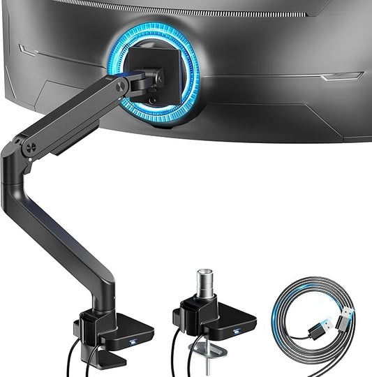 ARES WING Ultrawide Monitor Desk Arm with USB A/C for 17 to 49 Inch Screen | Pro Gas Spring, Full Range of Motion, for 75/100 Vesa Mount, for Samsung, LG Curved/Flat Monitor, Easy Install, Hold 44lbs