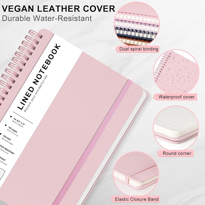 ABERLLS Lined Spiral Journal Notebook with 160 Pages, 8.5×11in, A4 Spiral Notebook, Journaling Notebooks for Work, School, Women, Men, College Ruled Spiral Notebook, Hardcover Leather Journals, Pink
