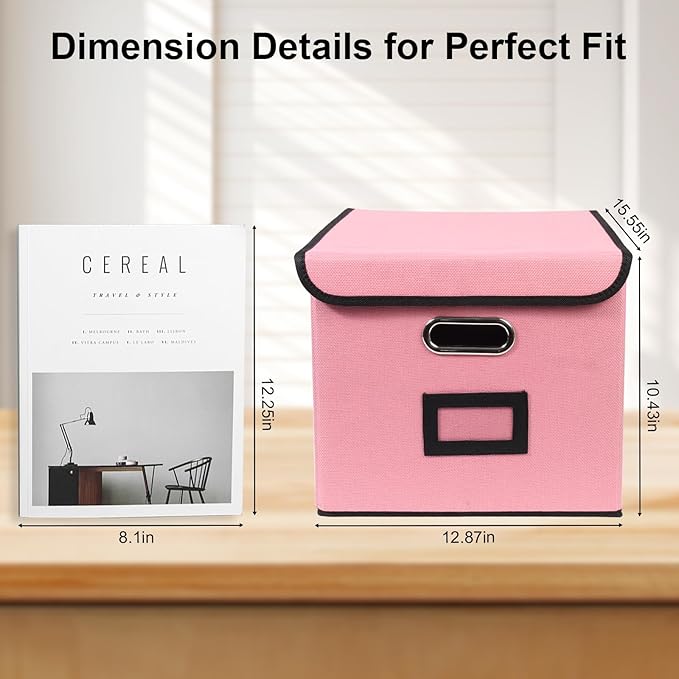 File Storage Box with Lid, 15.55x12.87x10.43 Inches, Foldable Organizer with Handles & Label Slot, for File Storage, Home, Office, and Closet Organization(Pink)