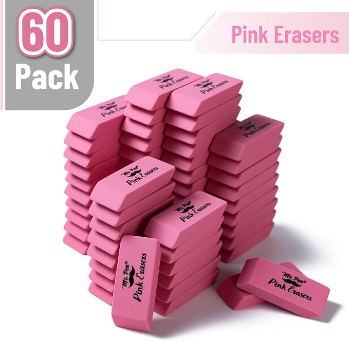 Mr. Pen- Pink Pencil Eraser Bulk, 60 Pack | Large Latex Free Block Erasers for School, Office, Art Sketching, Homework, Exams, Clean Smudge-Free Correction
