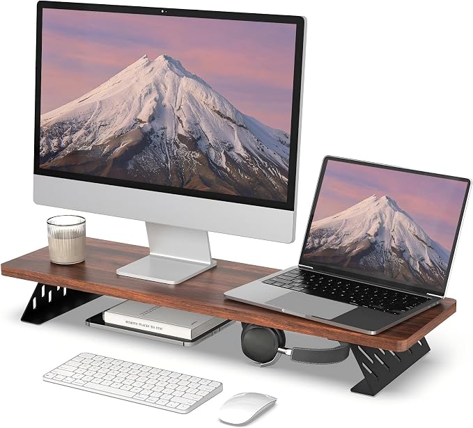 Fenge Monitor Stand Riser, Wooden & Metal Desk Shelf Organizer, Brown | 31.5 Inch Computer Stand for Compact Work Station, Multifunctional Monitor Shelf for Laptop, PC, Printer