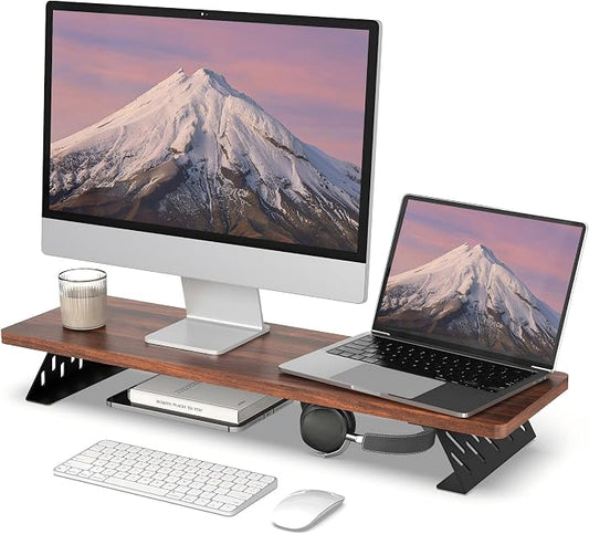 Fenge Monitor Stand Riser, Wooden & Metal Desk Shelf Organizer, Brown | 31.5 Inch Computer Stand for Compact Work Station, Multifunctional Monitor Shelf for Laptop, PC, Printer