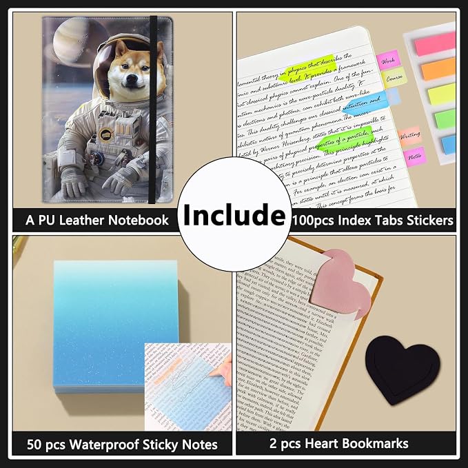 A5 Leather Lined Journal Notebook, 200 Pages Hardcover Executive Notebook for Men Women Office School Note Taking, Thick Writing Paper Daily Journal with Bookmarks/Indexes,Funny Shiba Inu Dog