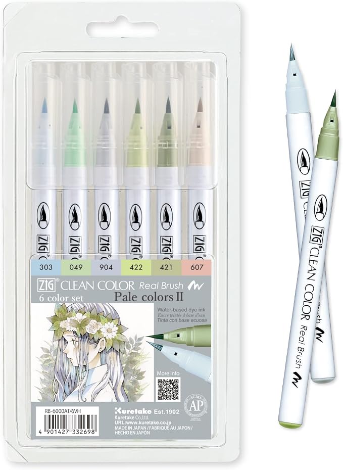ZIG CLEAN COLOR REAL BRUSH 6 Color set (6 Pale Colors set II)