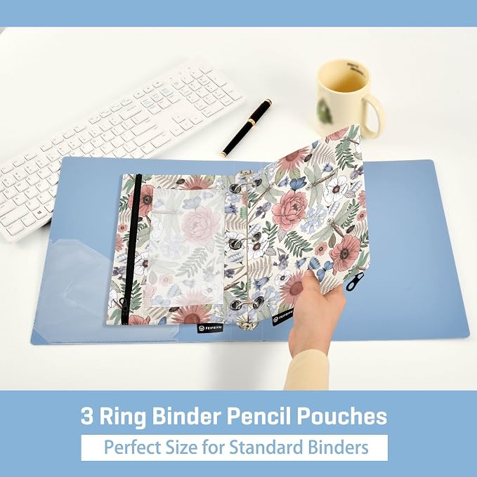 ALAZA Pencil Pouch for 3 Ring Binder, Boho Flowers and Dragonflies Binder Pencil Pouches with Clear Window Zipper Pencil Case Cosmetic Bags for Office College Supplies, 2PCS