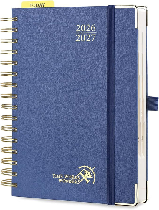 POPRUN 2026-2027 Daily Planner One Page Per Day, 5.75" x 8.5", Academic Daily Calendar Book with July 2026 to June 2027, Hardcover Appointment Book with Hourly Time Slots, Spiral Bound, Monthly Tabs - Navy Blue
