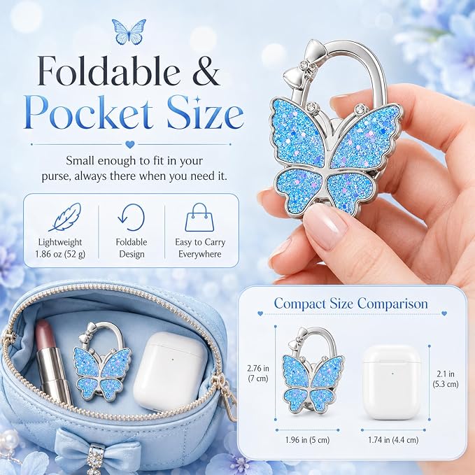Purse Hook for Table, Foldable Handbag Hanger for Women, Portable Bag Holder with Non-Slip Base, Cute Star Light Blue Butterfly Purse Table Hook for Restaurant Office Travel Gift
