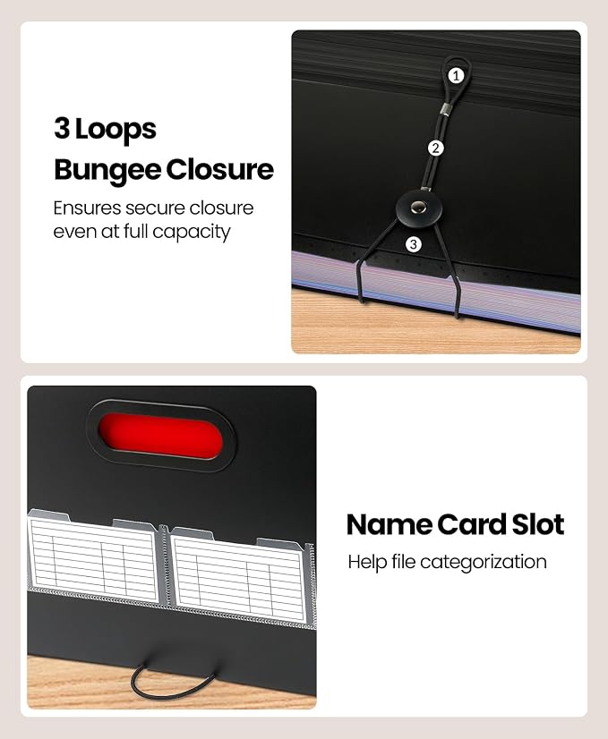 Sooez 26-Pocket Accordion File Organizer, Upgraded Expanding File Folder with A-Z Tabs, Premium Bill Tax Receipt Document Organizer Storage for Letter/A4 Size Paper, School Office & Home, Black