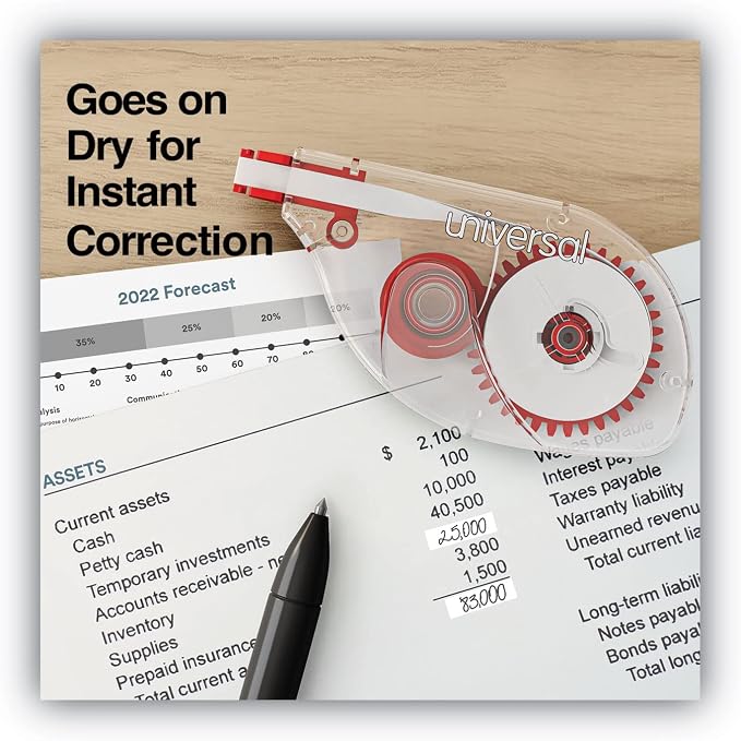 Universal 75610 Side-Application Correction Tape, Clear Red Applicator, 0.2-inch x 393-inch, 6/Pack
