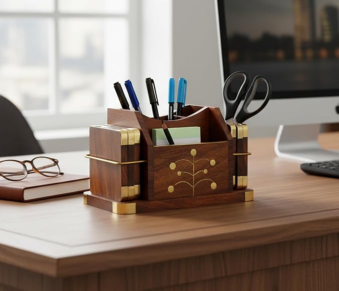 Stonkraft Wooden Rosewood Desk Organizer, Coasters Set, Pen Stand, Business Card Holder with Brass Work (Office Table Accessories)