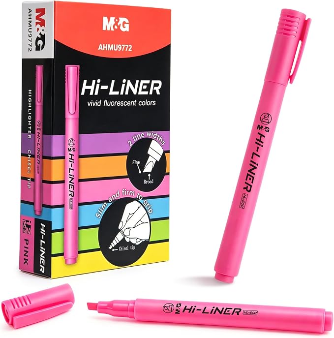 M&G Liner Highlighters, 12-Count Pack Pink Highlighters, Chisel Tip No Bleed Highlighter Pens for Office Documents, Planning, and Everyday Organization
