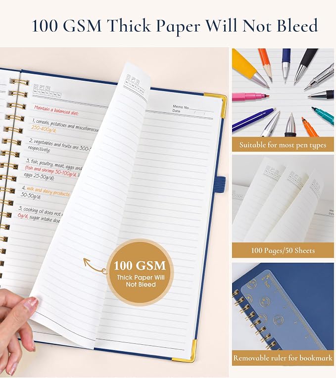 Hardcover Spiral Notebook Journal 8.5” x 11”, A4 Large Leather Notebooks for Women Men, Lined College Ruled Notebook, 100 GSM Paper, Spiral Bound Journals for Work School Note Taking Business, Navy
