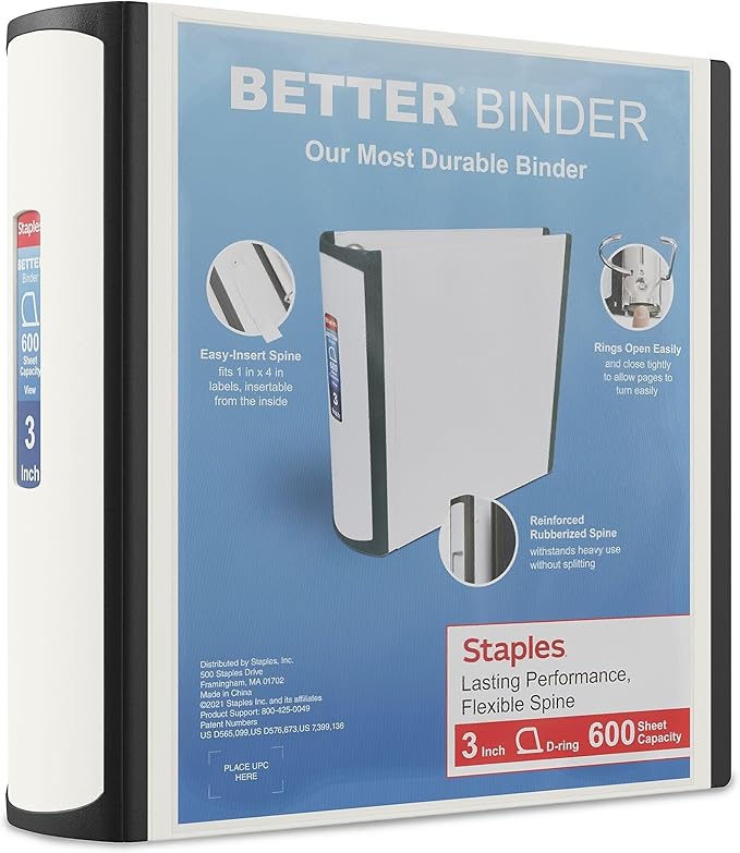 Staples 3‑Inch 3‑Ring Better Binder, Durable View Binder for Office & School Organization, White, 2‑Pack