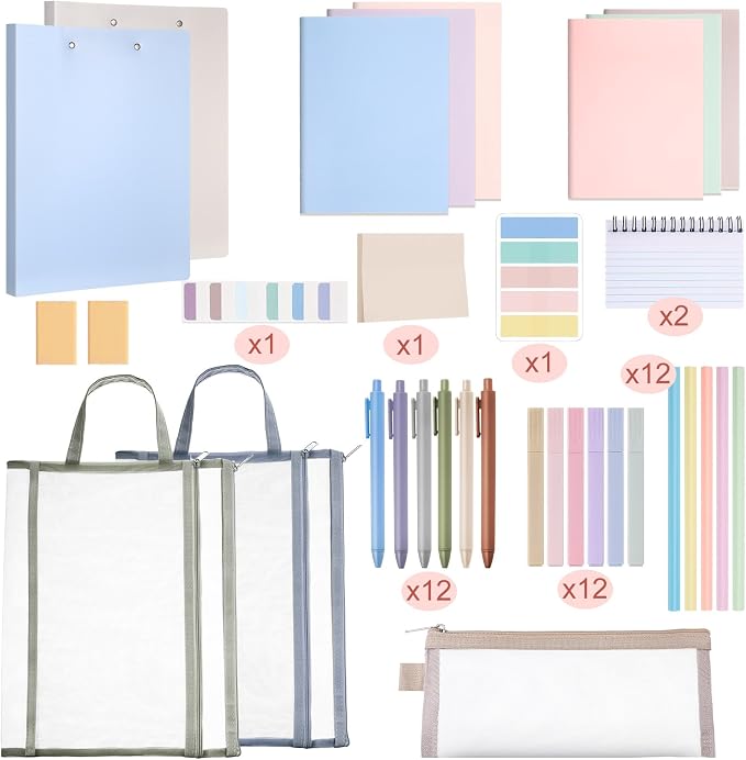 Colarr 54 Pcs Aesthetic College School Supplies Back to School Set,Morandi | 3 A5 + 3 B5 Lined Notebook, 12 Gel Pen, 12 Pencil, 12 Highlighter, Sticky Tabs, Folder Storage Bag, Journal Stationery Set