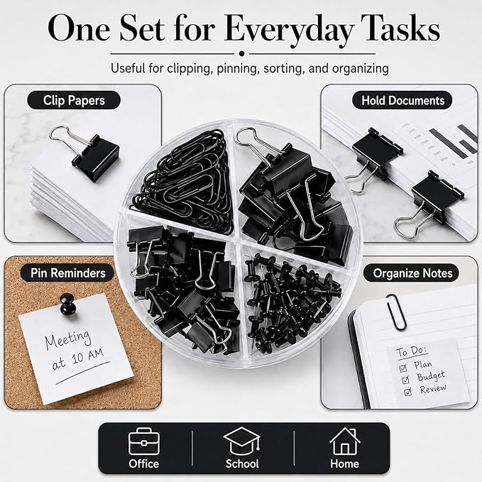 Paper Clips and Binder Clips Set, Metal Assorted Sized Binders with Push Pins, Black Office Supplies for Desk, Durable Desk Accessories