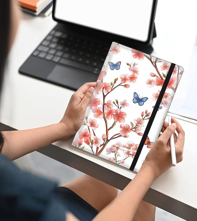A5 Leather Lined Journal Notebook, 200 Pages Hardcover Executive Notebook for Office School Note Taking, Thick Writing Paper Daily Journal with Bookmarks/Indexes, Cherry Blossoms and Butterflies