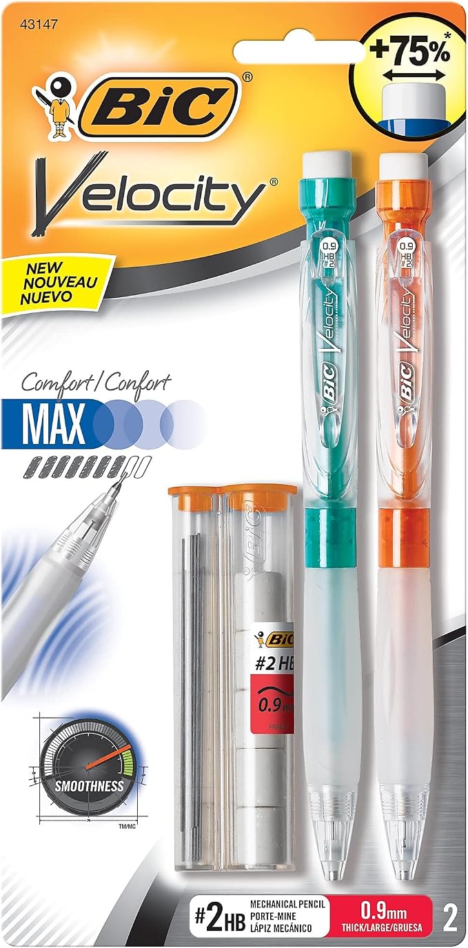 BIC Velocity Max Mechanical Pencils, With Colorful Barrel, Medium Point (0.7mm), 2-Count Pack Mechanical Pencils With Erasers and Lead Refills