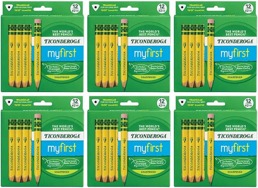 Ticonderoga My First Half-Size Wooden Pencils, 12 Pencils/Pack, 6 Packs | Large Triangle-Barrel Pre-Sharpened #2 (HB) Short 4.5" Yellow Pencils with Erasers, X33012