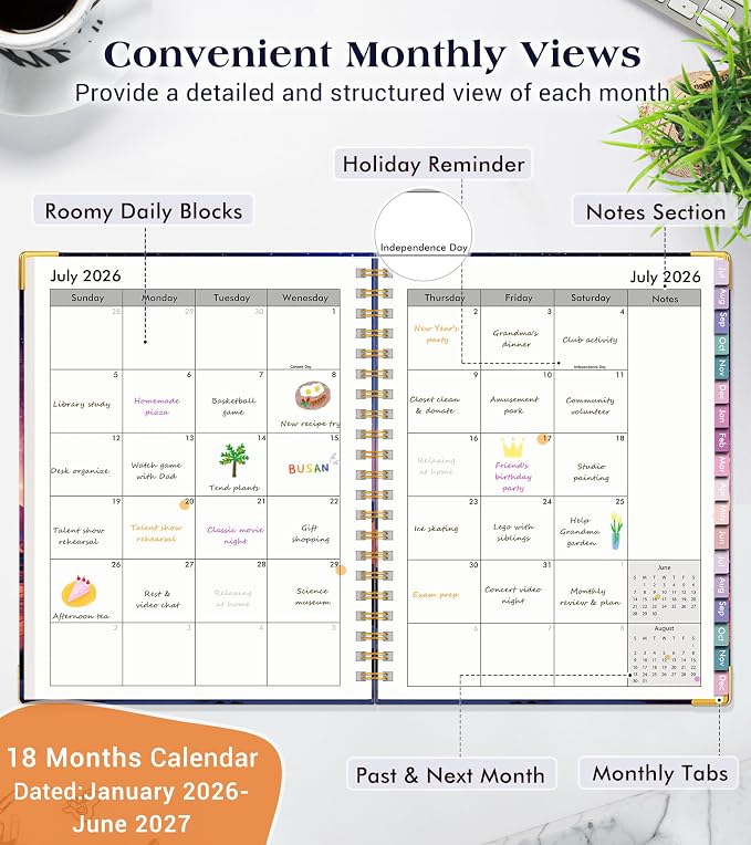 Academic Planner 2026-2027, 18 Months Weekly and Monthly Hardcover Planner, July 2026 - December 2027, 8.5" x 11" A4 Large Daily Calendar Planner Book with Tabs, Spiral College School Agenda Organizer for Student Teacher, Starfall Range