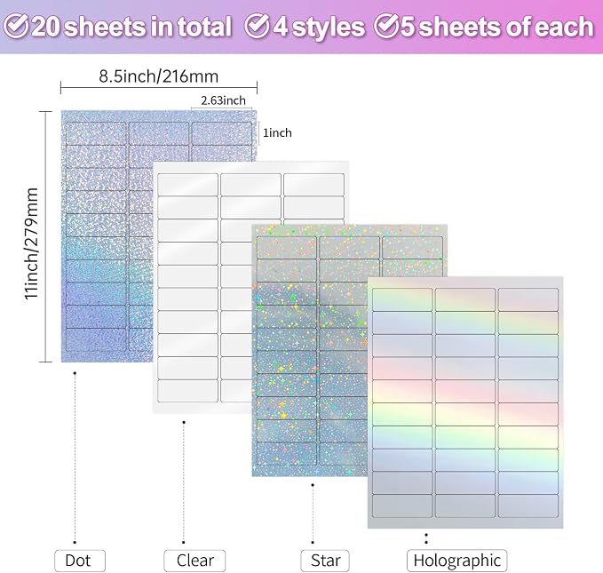 1" x 2-5/8" Address Labels - Holographic Shipping Labels Mailing Stickers for Laser/Inkjet Printer 8.5"×11"- Self-Adhesive Waterproof- Star, Rainbow, Dots, Transparent- 20 Sheets