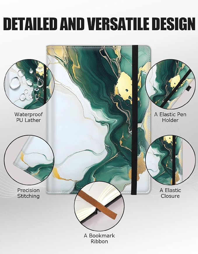 Hardcover Executive Notebooks, A5 PU Leather Lined Journal Notebook, 200 Pages Thick Paper Subject Notebooks for School,Work,Home Writing Business Notebook, Diary Book ，Emerald Green Gold Marble