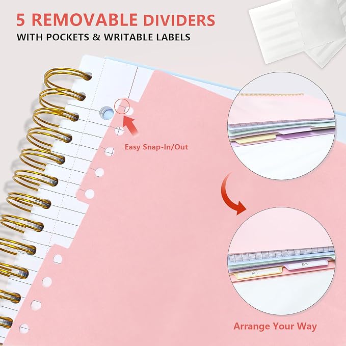 5 Subject Spiral Notebook, College Ruled, 150 Sheets, Pink Plastic Cover, 5 Movable Pastel Tab Dividers with Pockets, 3-Hole Punched, 75gsm Paper, Writable Stickers, Fits 8.5 x 11 in Paper