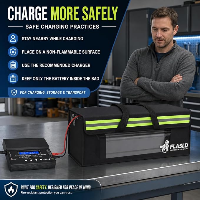 FLASLD 2-Pack E-Bike Battery Bag Fireproof Safe Charging Bag Explosionproof Lipo Battery Bag Large Capatity for Storage Charging (16 x 4.3 x 5in)