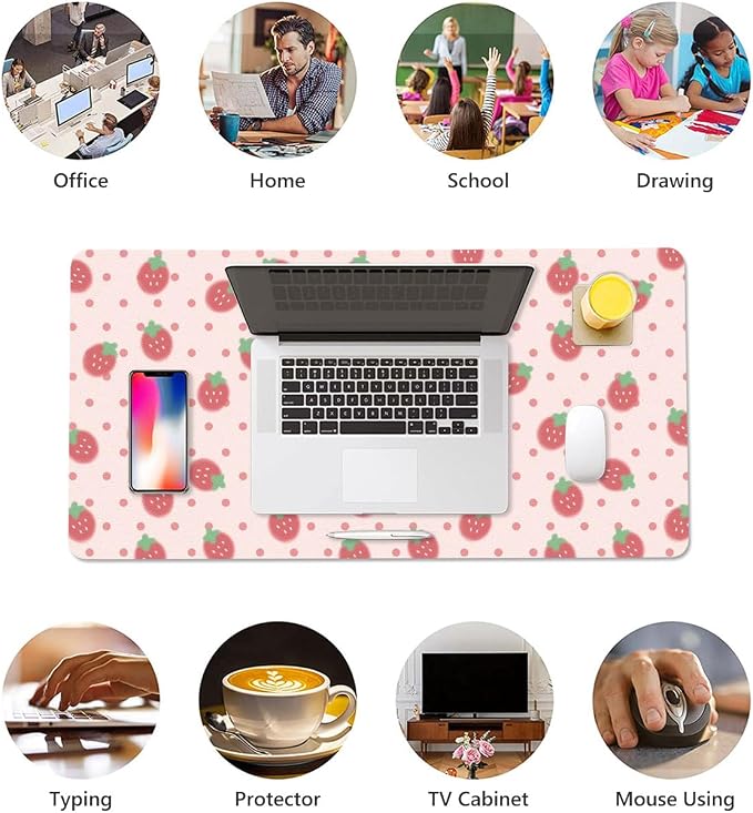 Cute Strawberry Pink Large Mouse Pad, PU Leather Desk Pad Protector, Non-Slip Computer Desk Writing Mat, Gaming Keyboard Mouse Pad, Office Desk Accessories