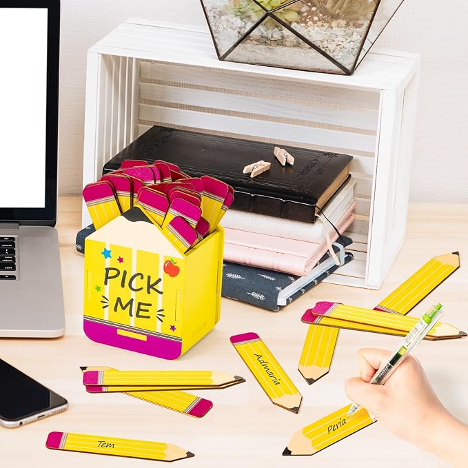 CJiangpo 51Pcs Pencil Flip Name Sticks with Wooden Pencil Shaped Holder | Talking Flip Name Sticks, Classroom Management, Educational and Learning Activities, Grouping Back to School Supplies