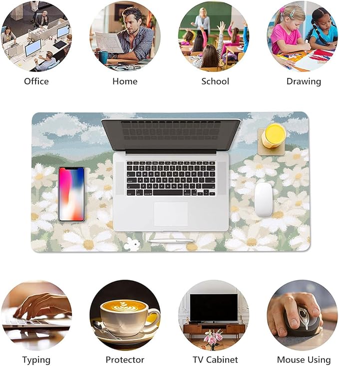 Cute Kawaii Cat Flower Large Mouse Pad, PU Leather Desk Pad Protector, Non-Slip Computer Desk Writing Mat, Gaming Keyboard Mouse Pad, Office Desk Accessories