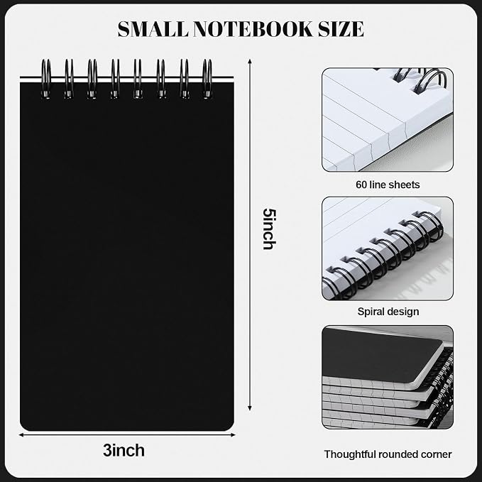 Thboxes 8 Pack Pocket Notebooks, 3 x 5 Spiral Notepads Mini Notebook 60 Sheets/120 Pages Small Notepads with Lined Pages Memo Pads for School College Office Home (Black)
