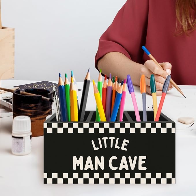 Boys Room Pen Pencil Holder Organizer for Desk, Little Man Cave Black Checkered Wooden Box Signs Decorations for Kids Boys Nursery Bedroom Playroom Desk Tabletop, Race Car Room Decor