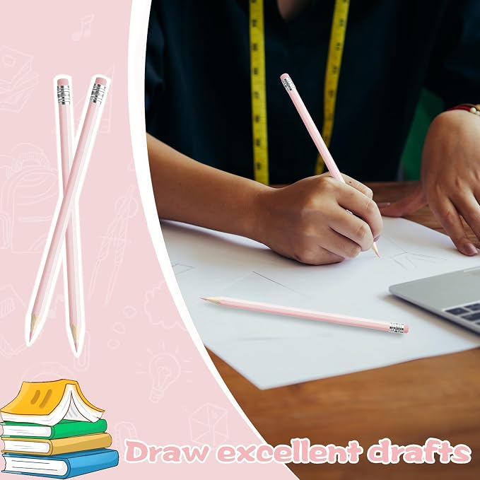 12 PCS Macaron Pink Colored Pencils with Eraser Pre Sharpened Pencil 2 HB - Ideal for Checking, Grading, Tests & Office/School Supplies