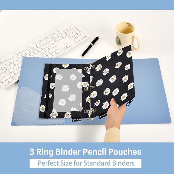 White Daisy Flower Black Pencil Pouch for 3 Ring Binder 2 Pack Zipper Binder Pencil Bag with Clear Window Pencil Case for Office Supplies