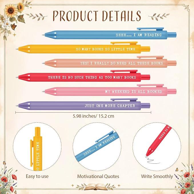 Sayglossy 36 Sets Book Lover Gifts Set Flower Notebooks Book Club Ballpoint Pens 6 Styles Flower Reading Journals with Organza Bags for Women Readers Bookish Bookworm