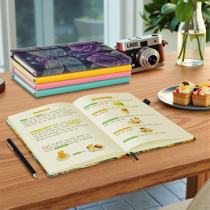 Hardcover Executive Notebooks, A5 PU Leather Lined Journal Notebook, 200 Pages Thick Paper Subject Notebooks for School,Work,Home Writing Business Notebook, Diary Book, Purple Dragonfly 2