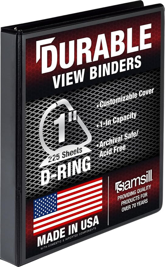 Samsill Durable 1 inch 3 Ring Binder, D Ring Binder, 100% Recycled Chipboard, Black