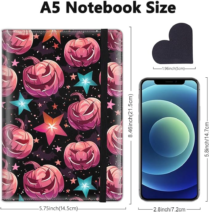 A5 Leather Lined Journal Notebook, 200 Pages Hardcover Executive Notebook for Men Women Office School Note Taking, Thick Writing Paper Daily Journal with Bookmarks/Indexes, Halloween Pink Pumpkin