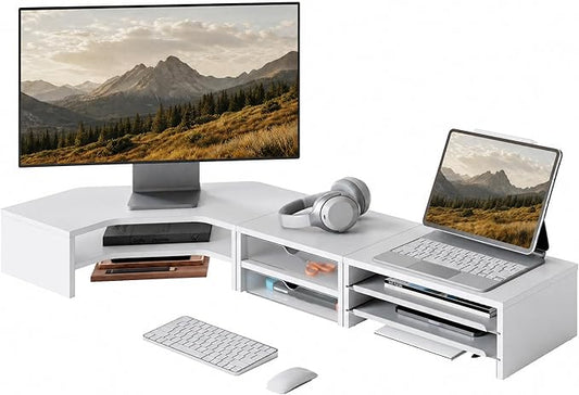 Fenge Dual Monitor Stand, Corner Desk Shelf with Drawer & Slide-Out Tray | Modular Design for Flexible Layouts, 2-Tier Storage Desktop Organizer for Computer, Laptop, Printer and Telephone