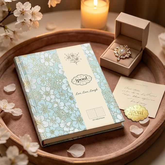 Blue Notebook, Beautiful Writing Journal for Women, A5, Hardcover, Lay Flat, Ruled Paper, Cherry Blossom Flowers, Cyan